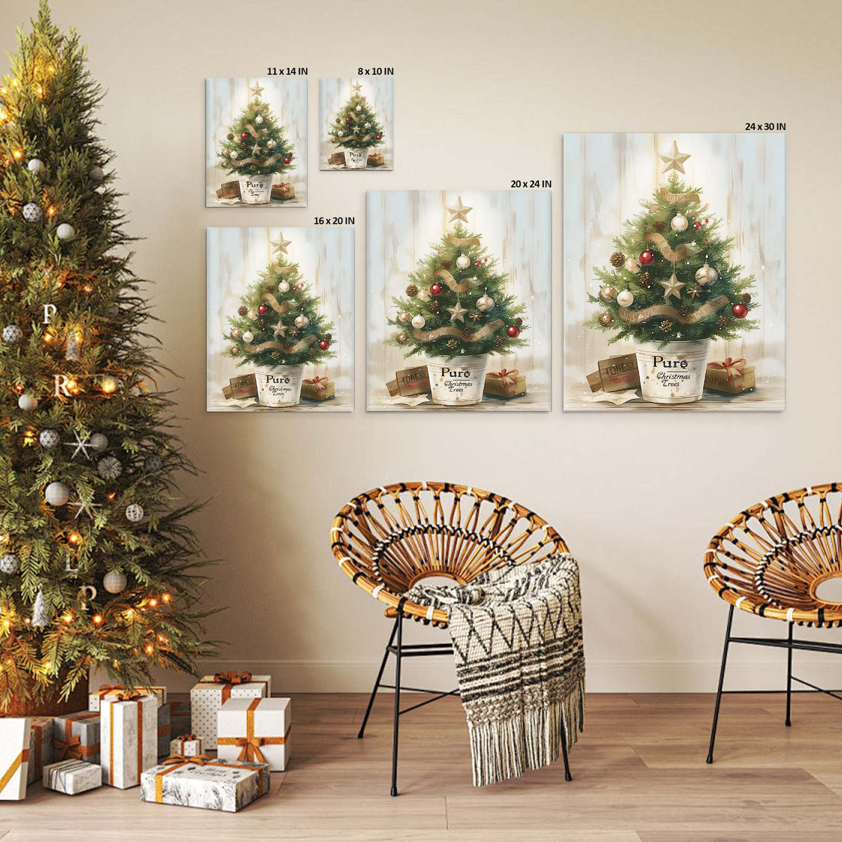 Small Christmas Tree Canvas Wall Art, Rustic Potted Christmas Tree with Ornaments and Gifts Holiday Decor