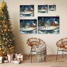 Christmas Ice Skating Canvas Wall Art, Snowy Farmhouse Scene with Christmas Tree and Barn Holiday Decor