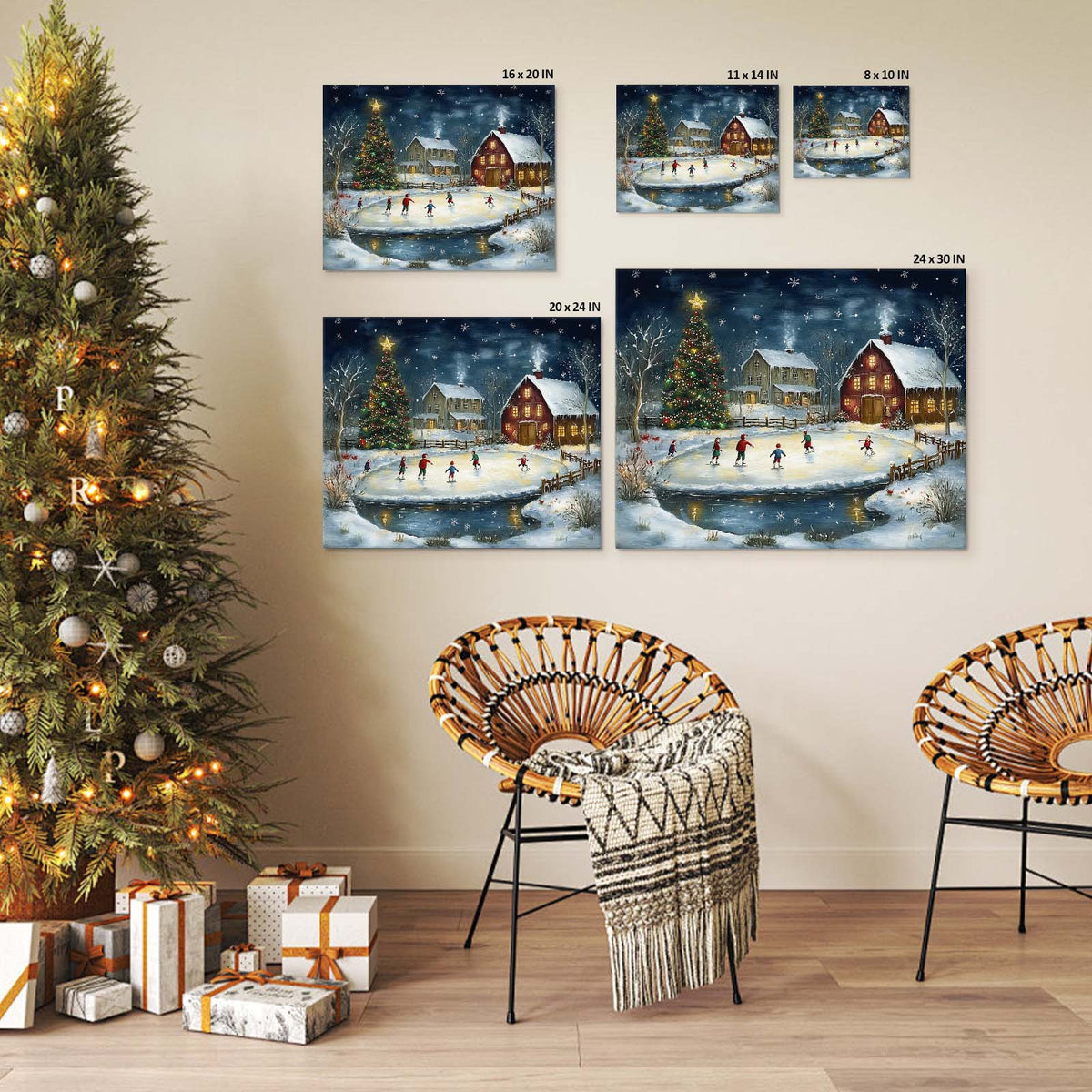 Christmas Ice Skating Canvas Wall Art, Snowy Farmhouse Scene with Christmas Tree and Barn Holiday Decor