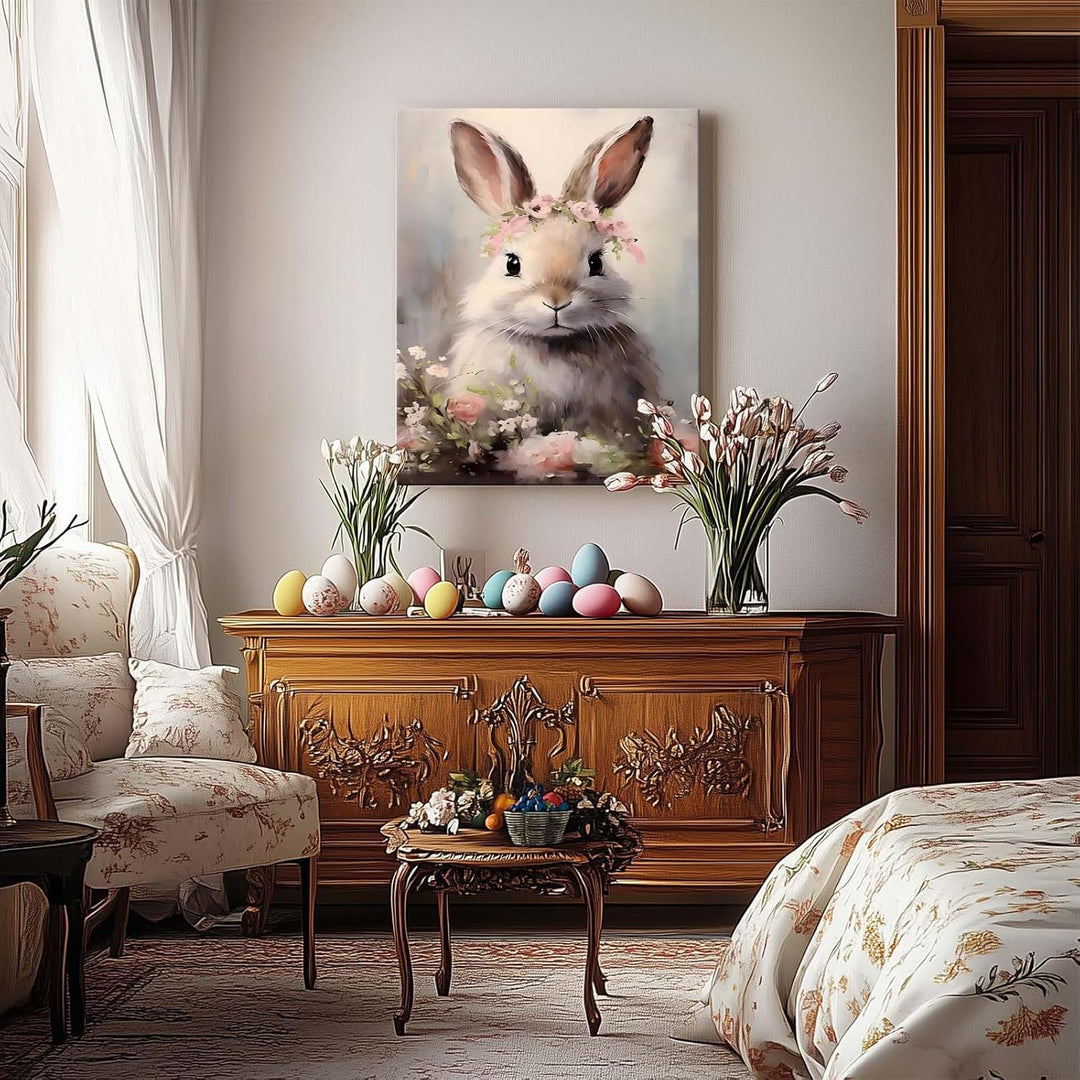 Floral Easter Bunny Canvas Wall Art, Bunny and Flowers Farmhouse Decor Cozy Easter Print Painting Spring Aesthetic Artwork, Holiday Gift Bedroom Living Room Decoration