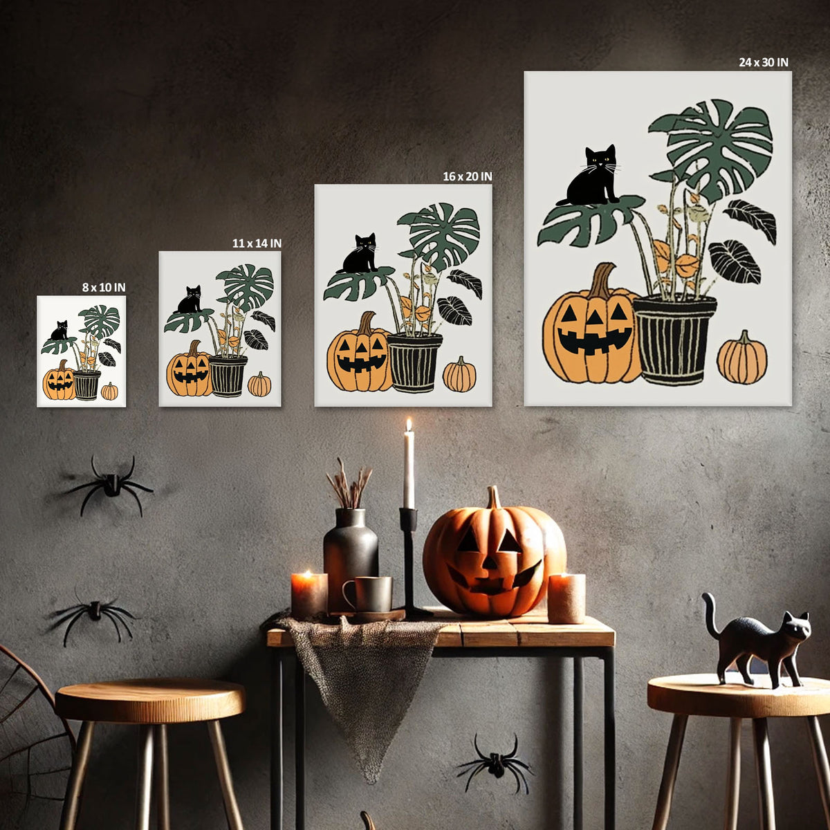 Halloween Black Cats, Ghosts and Pumpkins Illustration Wall Art