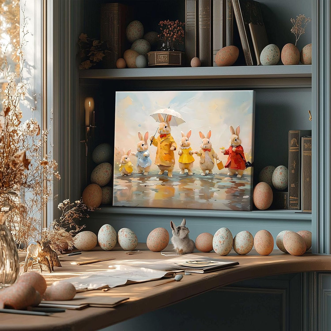 Framed Easter Canvas Wall Art, Bunny Family in Rainy Spring Print Poster, Whimsical Oil Painting Heartwarming Fun Artwork Decoration Pictures
