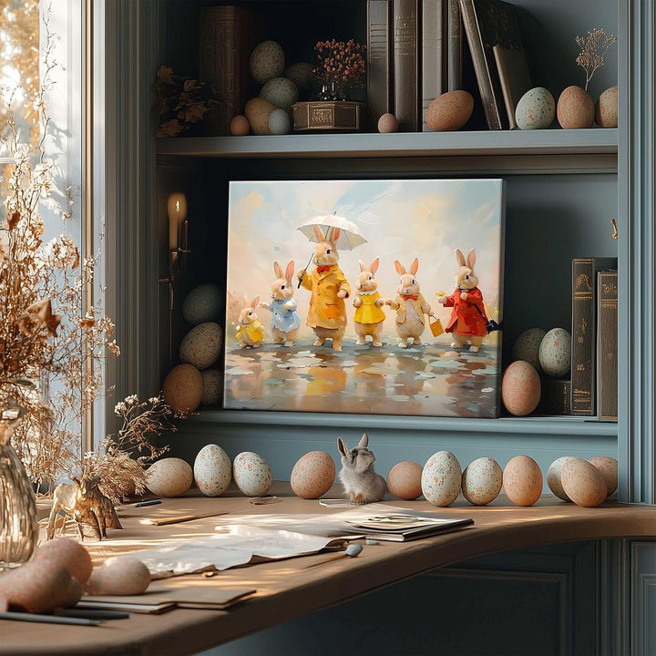 Framed Easter Canvas Wall Art, Bunny Family in Rainy Spring Print Poster, Whimsical Oil Painting Heartwarming Fun Artwork Decoration Pictures