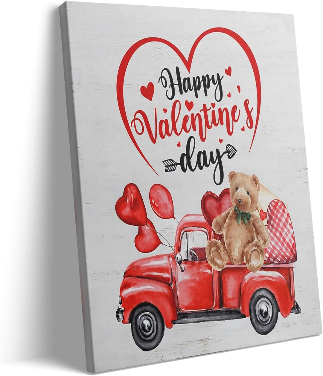Valentine's Day Canvas Wall Art, Happy Valentine's Day with Red Truck, Teddy Bear, Heart Balloons Print, Inspirational Quote Wall Art Rustic Charm Couple Gift for Valentines Wedding