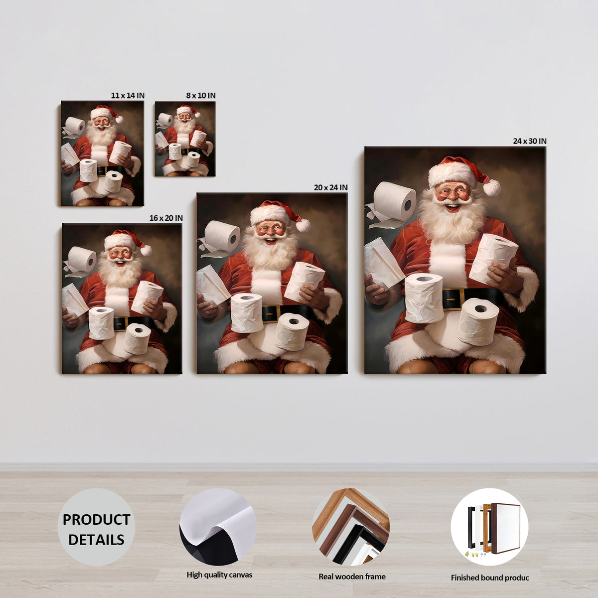 Funny Santa Claus Bathroom Wall Art, Christmas Santa with Toilet Paper Canvas Print for Holiday Bathroom Decor