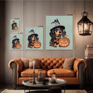 Halloween Dog and Pumpkin Cute Rottweiler Witch Hat Halloween Illustration Wall Art