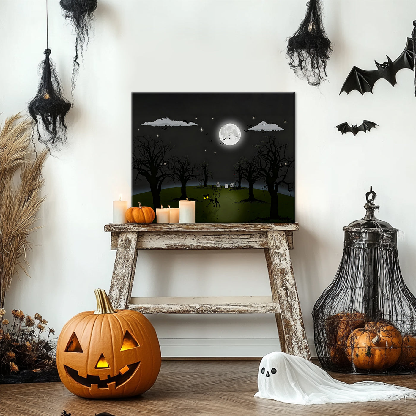Moonlit Haunted Meadow Halloween Canvas Wall Art