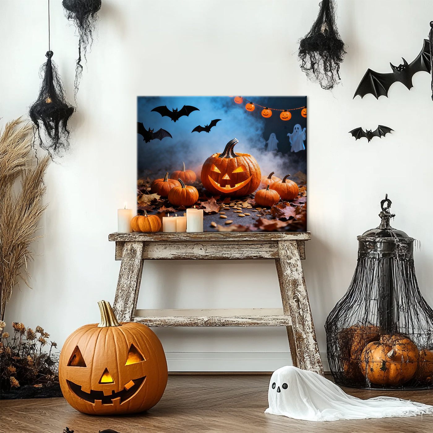 Pumpkin Patch Halloween Canvas Wall Art, Bats and Ghosts Decor