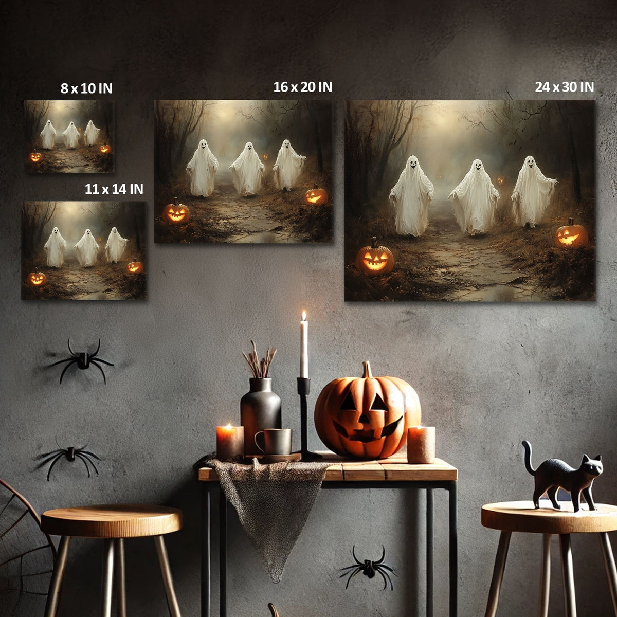 Three Ghosts on a Haunted Forest Path Dark Gothic Halloween Painting Wall Art