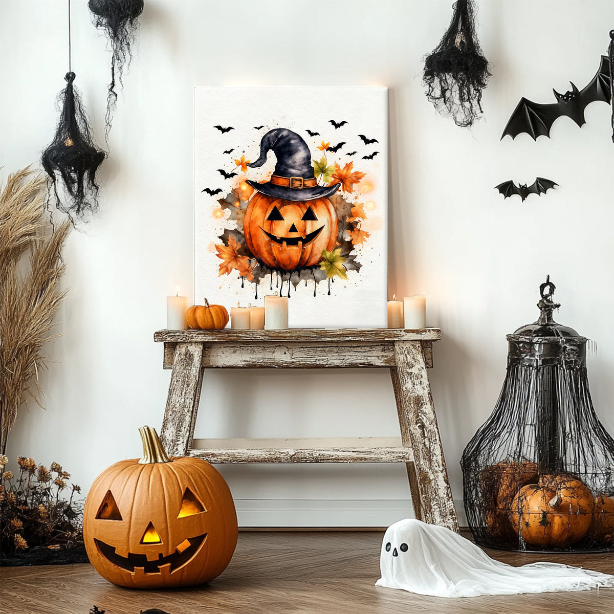 Watercolor Witch Hat Pumpkin Halloween Canvas Wall Art