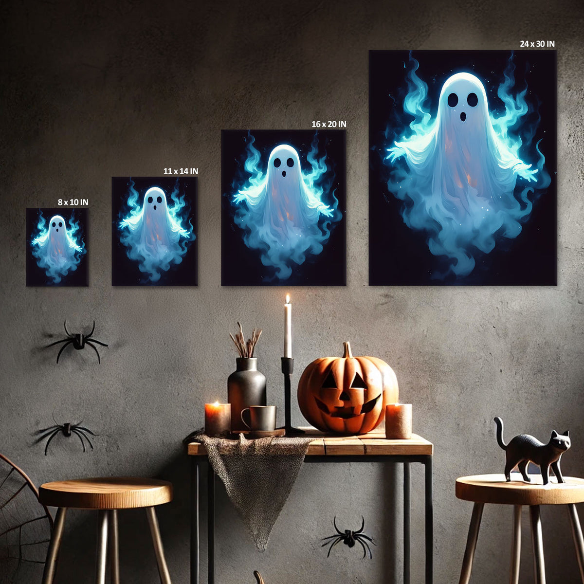Haunted Glowing Blue Ghost Illustration Halloween Wall Art