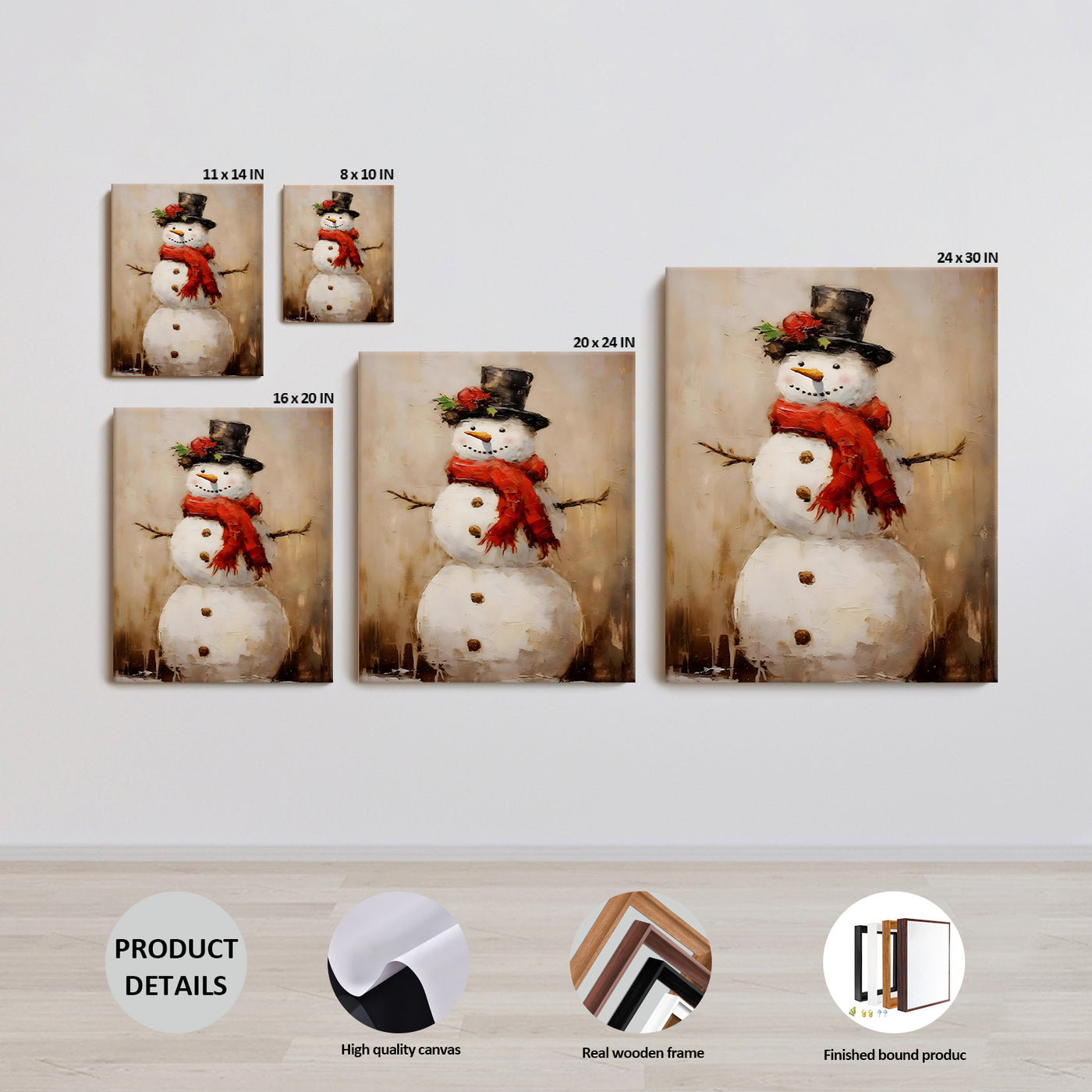 Christmas Snowman Canvas Wall Art, Rustic Snowman with Red Scarf and Black Hat Holiday Decor for Living Room