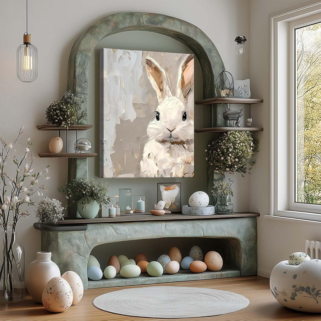 Framed Easter Canvas Wall Art, Vibrant Bunny Canvas Print Poster, Fresh Easter Bunny Painting Stylish Artwork Decoration Pictures Wall Decor for Kitchen Dorm Bedroom Living Room
