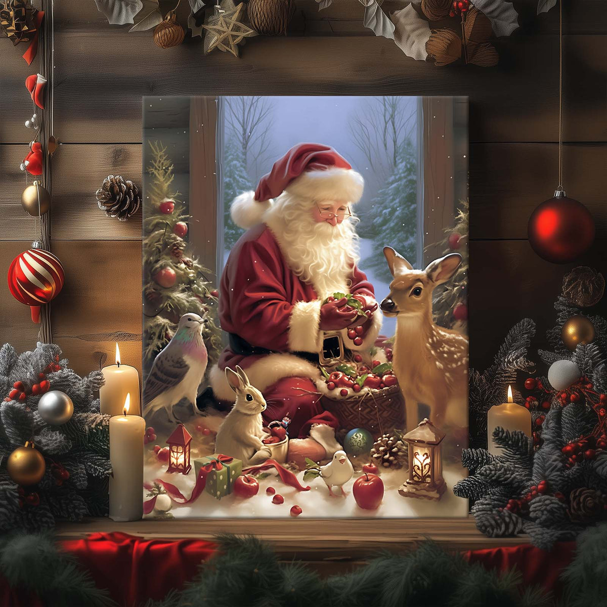Santa Claus with Woodland Animals Christmas Canvas Wall Art, Whimsical Holiday Decor for Living Room and Nursery