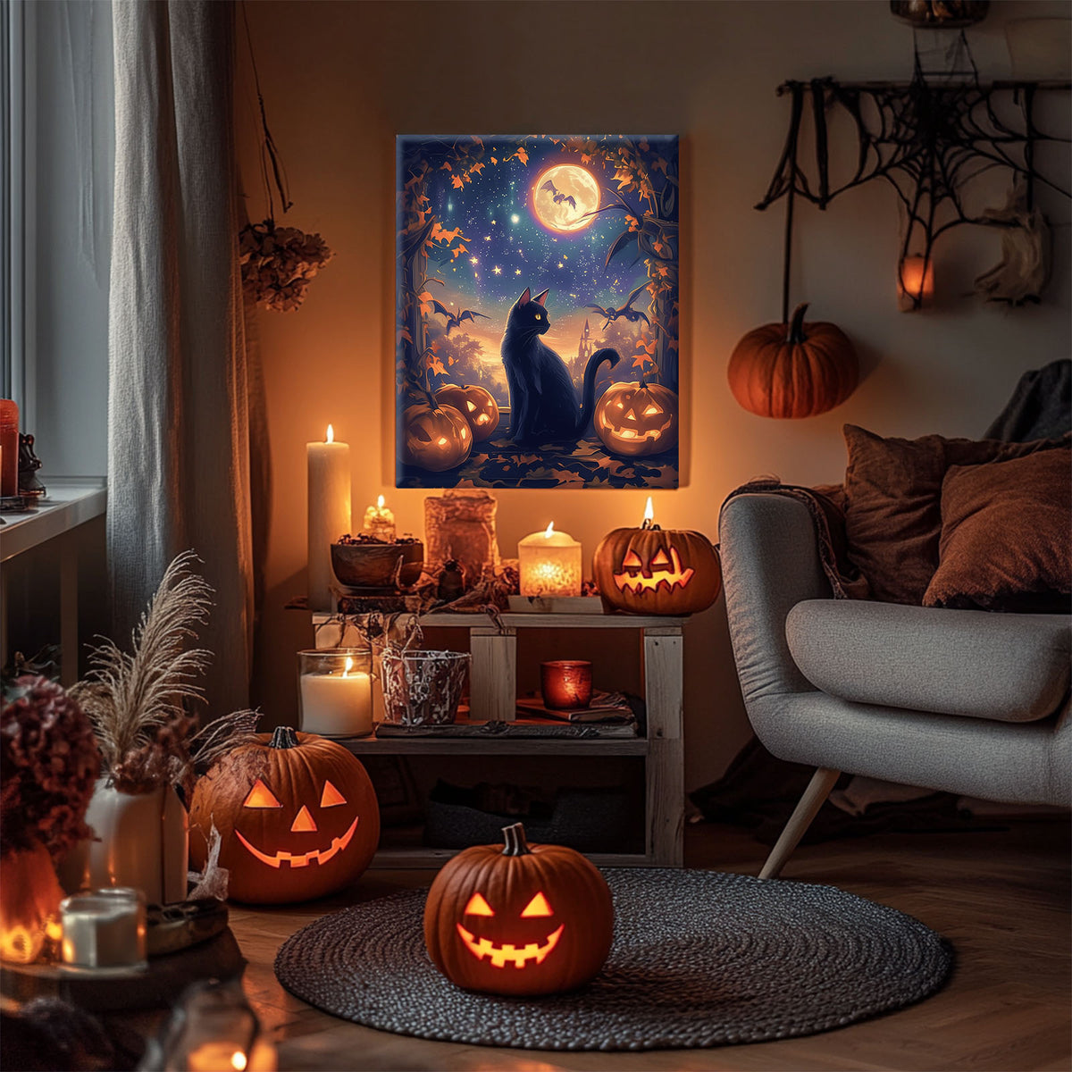 Black Cat and Pumpkins Halloween Whimsical Halloween Night Illustration Wall Art