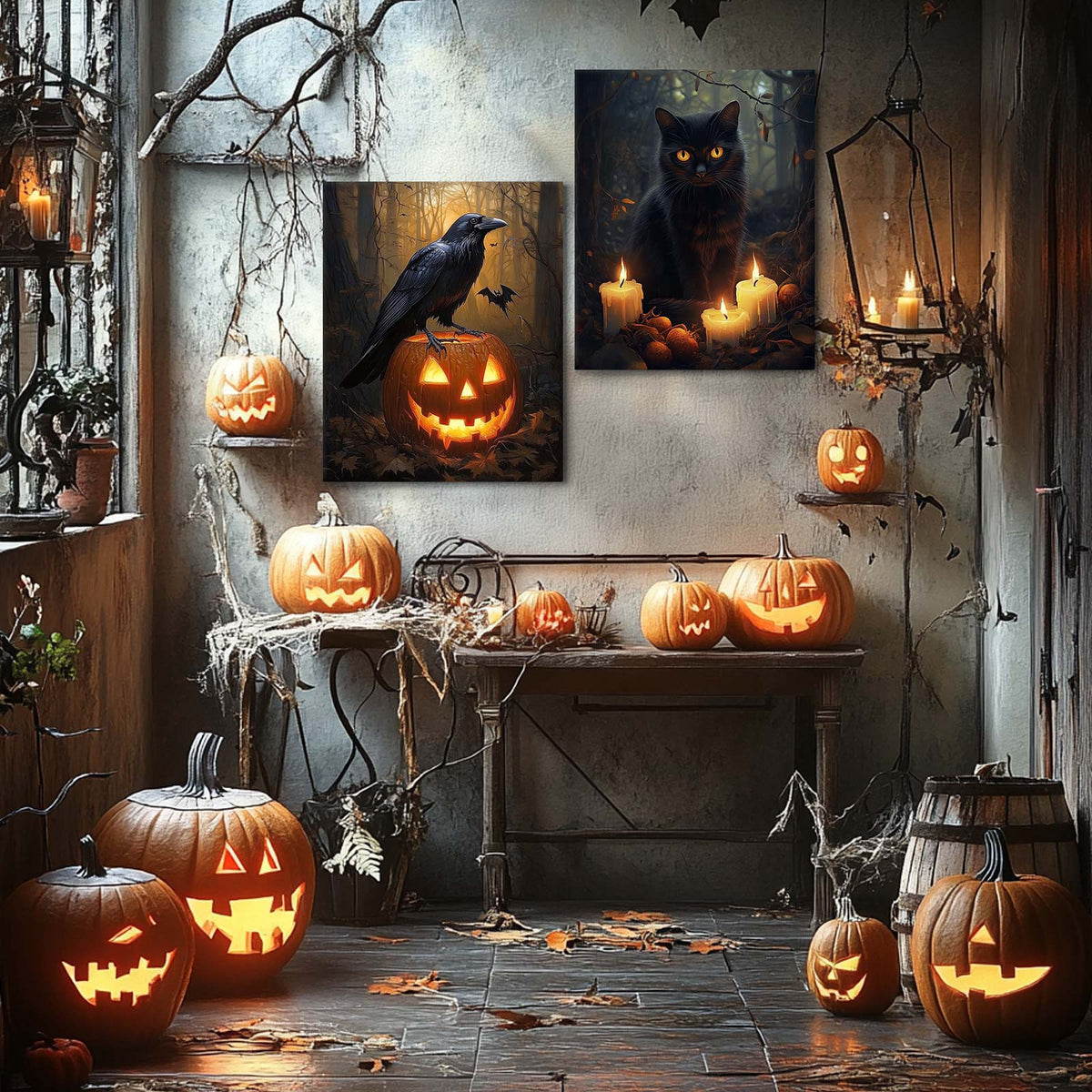 Dark Gothic Painting Raven and Pumpkin Halloween Wall Art