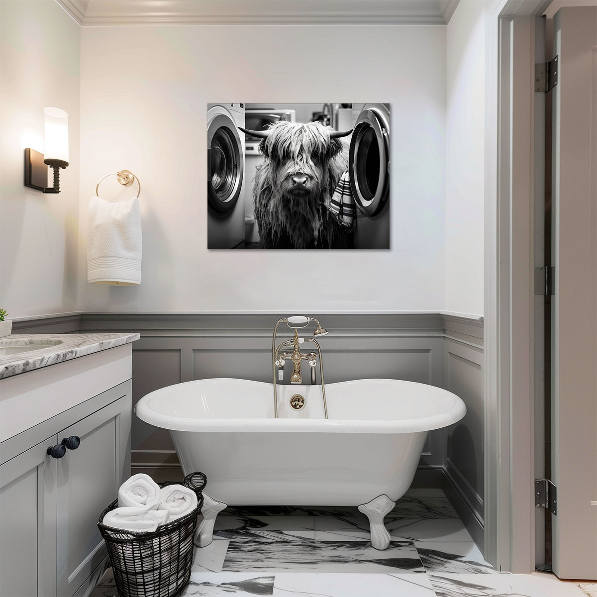 Funny Farm Highland Cow in the Laundry Room Photography Art Animal Wall Art