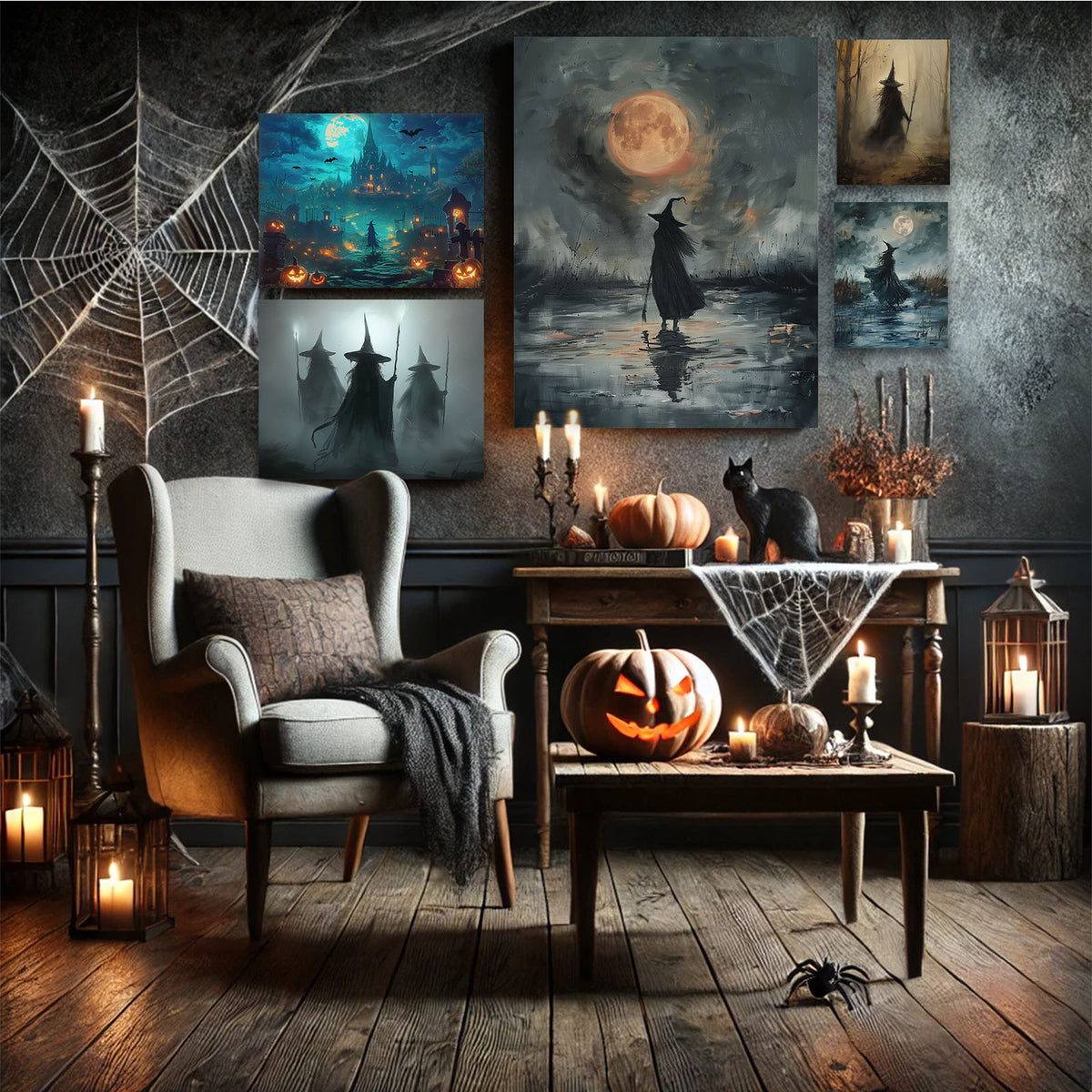 Haunted Halloween Moonlit Pumpkin Castle Landscape Wall Art