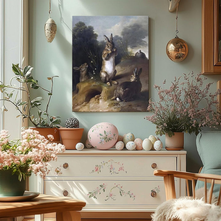 Easter Rabbits Canvas Wall Art, Adorable 4 Hares and Cave Oil Painting Home Decor, Nature-Inspired Wall Decor Stunning Lovable Bunny Canvas Prints for Living Room