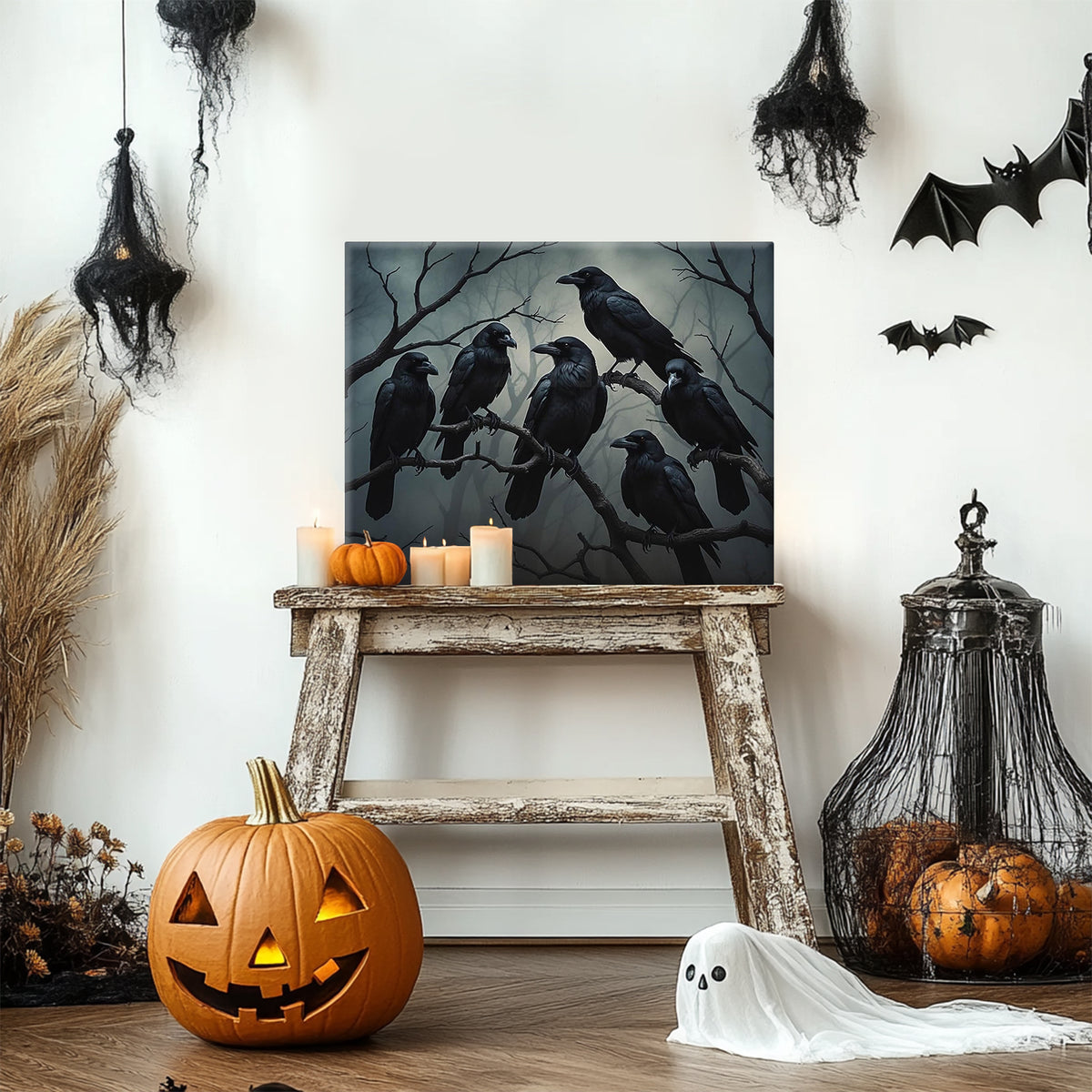 Raven Gathering Halloween Canvas Wall Art