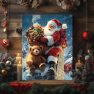 Santa Claus with Teddy Bear Christmas Canvas Wall Art, Santa Delivering Gifts on a Snowy Rooftop Holiday Decor