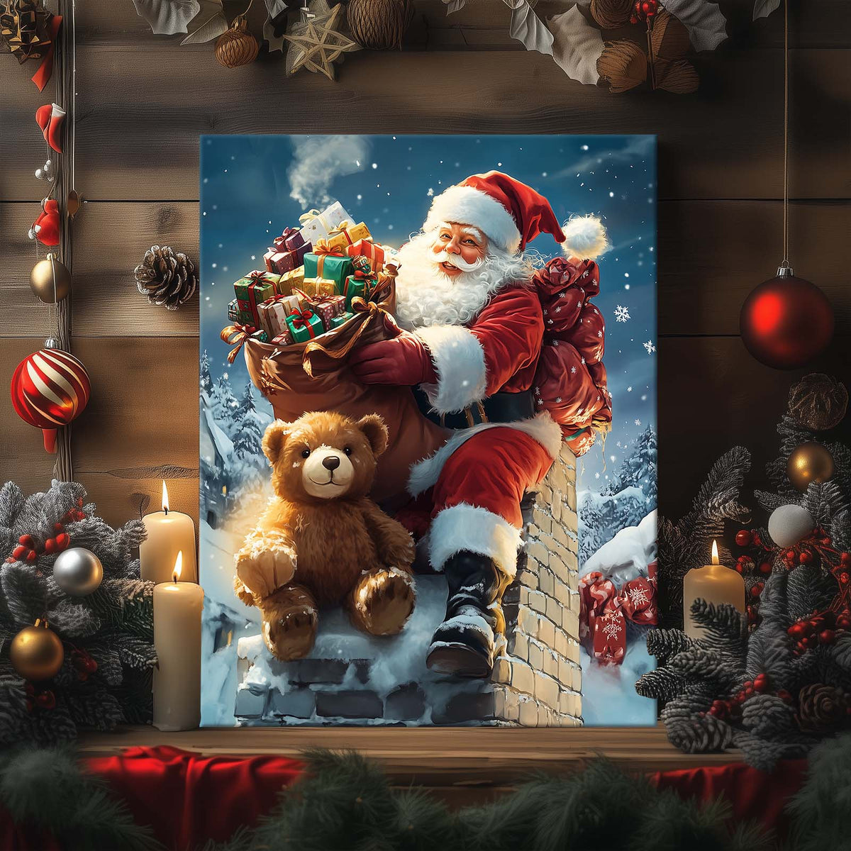 Santa Claus with Teddy Bear Christmas Canvas Wall Art, Santa Delivering Gifts on a Snowy Rooftop Holiday Decor