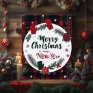 Merry Christmas Happy New Year Canvas Wall Art, Rustic Plaid Holiday Sign with Christmas Wreath and Mittens