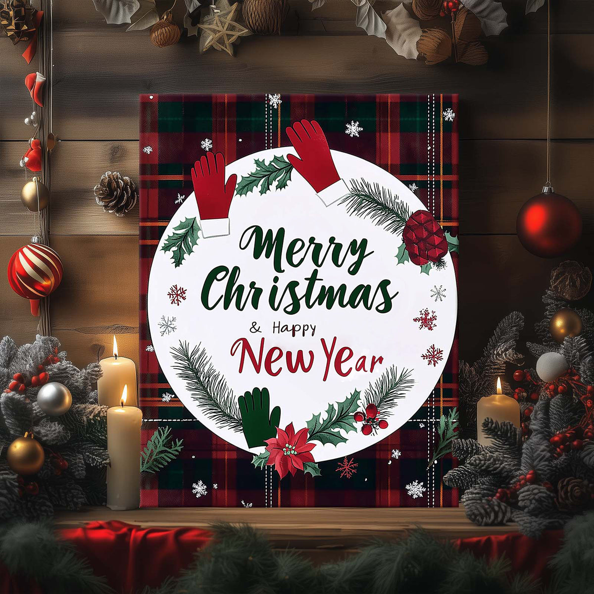 Merry Christmas Happy New Year Canvas Wall Art, Rustic Plaid Holiday Sign with Christmas Wreath and Mittens