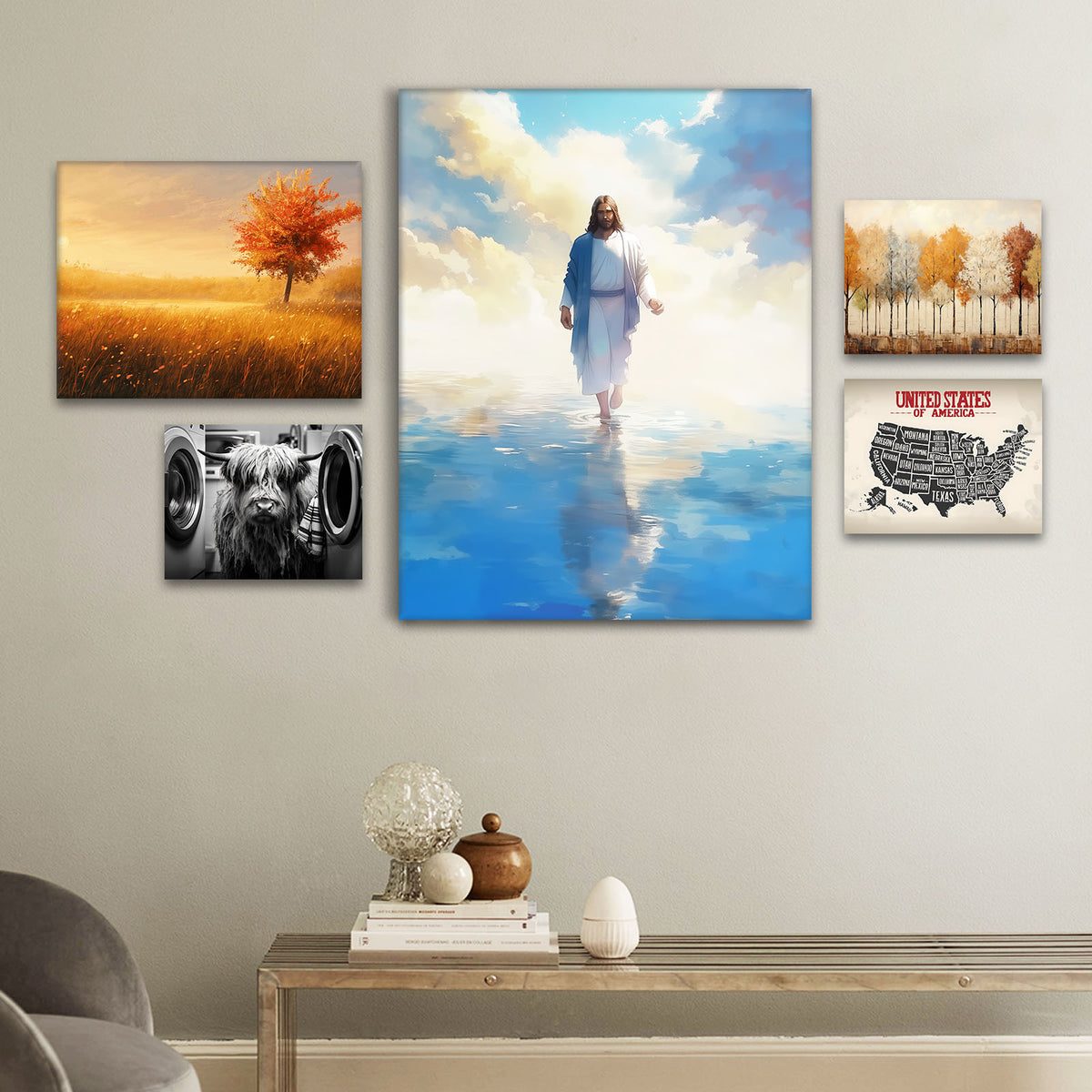 Golden Sunlit Autumn Meadow Landscape Tree Wall Art