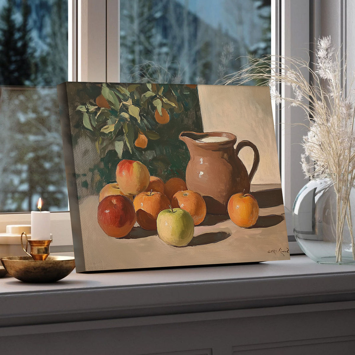 Apples and Rustic Pitcher Still Life Warm Rustic Still Life Painting Wall Art