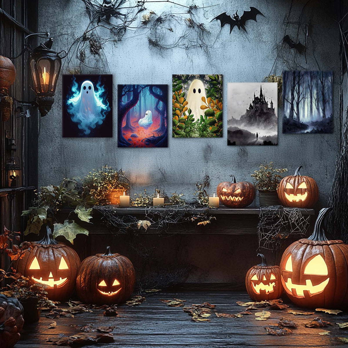 Haunted Gothic Castle in the Mist with Bats Illustration Halloween Wall Art