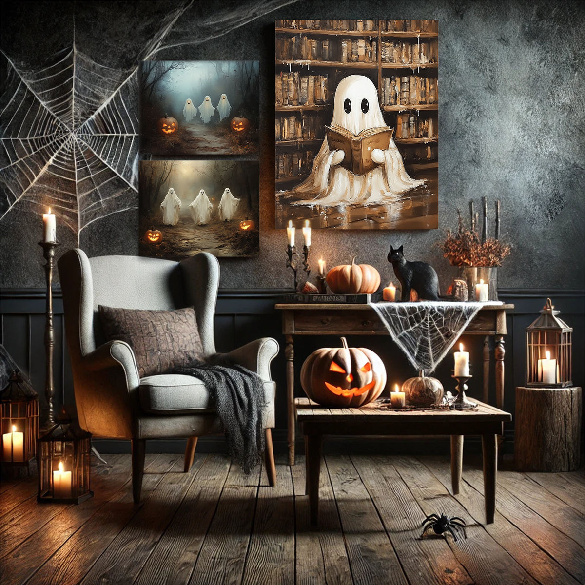 Three Ghosts on a Haunted Forest Path Dark Gothic Halloween Painting Wall Art