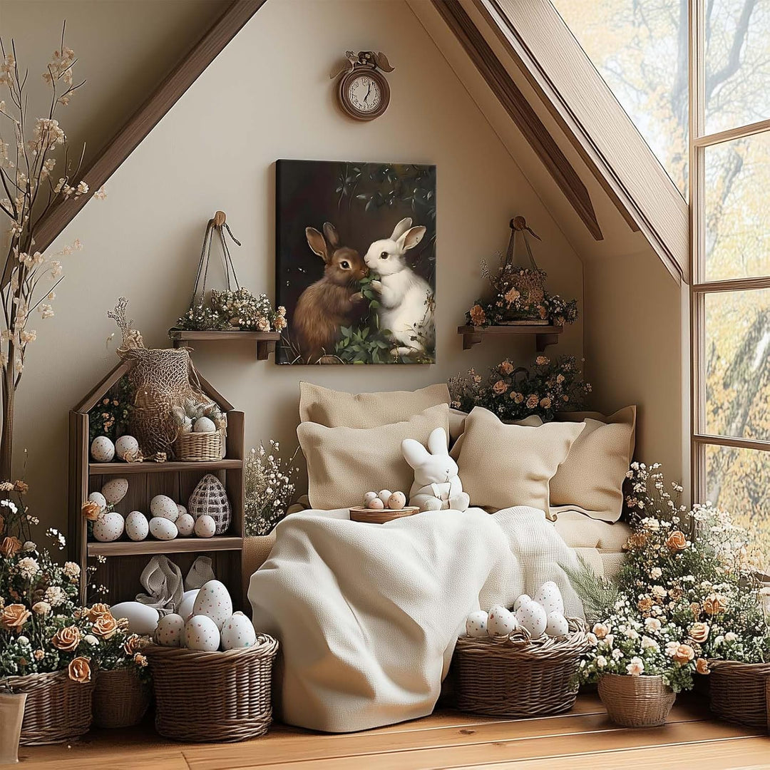 Easter Rabbits Canvas Wall Art, Adorable Hares Eating Leaves Oil Painting Home Decor, Nature-Inspired Wall Decor Stunning Lovable Bunny Canvas Prints for Living Room