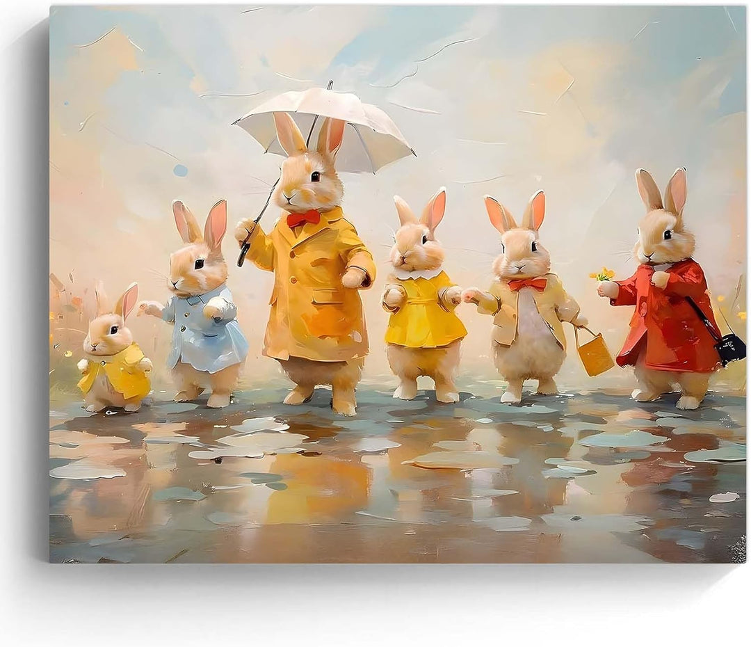 Framed Easter Canvas Wall Art, Bunny Family in Rainy Spring Print Poster, Whimsical Oil Painting Heartwarming Fun Artwork Decoration Pictures