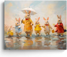 Framed Easter Canvas Wall Art, Bunny Family in Rainy Spring Print Poster, Whimsical Oil Painting Heartwarming Fun Artwork Decoration Pictures