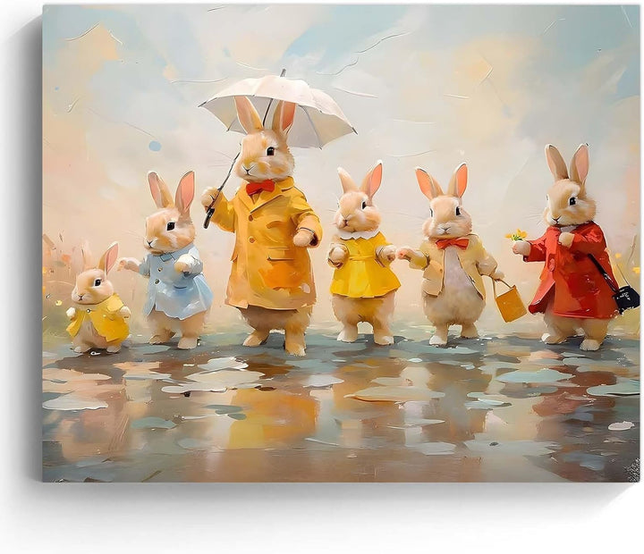 Framed Easter Canvas Wall Art, Bunny Family in Rainy Spring Print Poster, Whimsical Oil Painting Heartwarming Fun Artwork Decoration Pictures