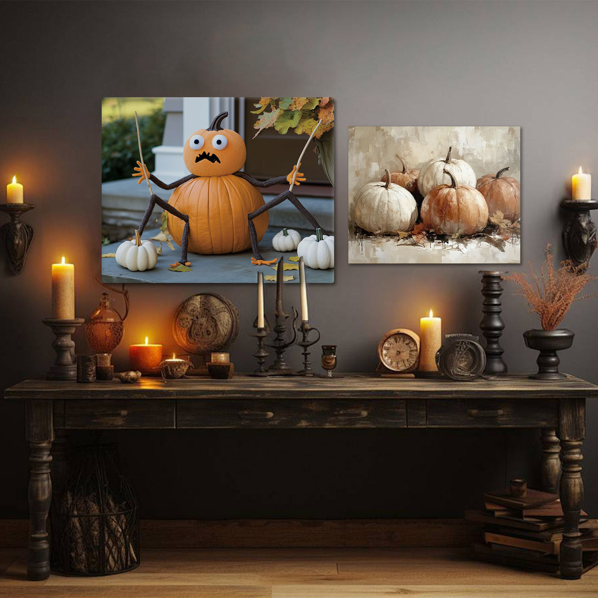 Funny Pumpkin Spider Canvas Wall Art – Cute Halloween Porch and Home Decor