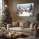 Snowman Christmas Village Canvas Wall Art, Snowy Holiday Town with Wreaths and Lights Decor