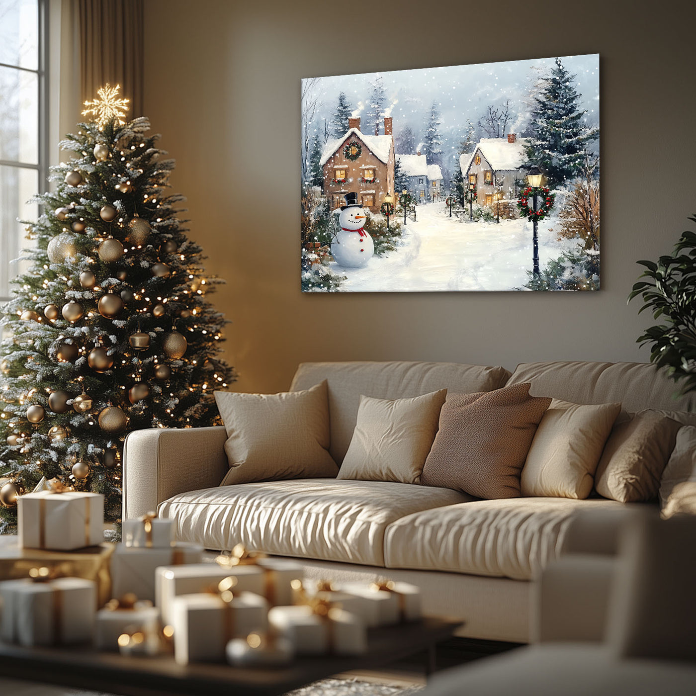 Snowman Christmas Village Canvas Wall Art, Snowy Holiday Town with Wreaths and Lights Decor
