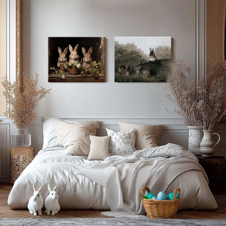 Easter Rabbits Framed Canvas Wall Art, Adorable 4 Hares Cave Oil Painting Home Decor, Nature-Inspired Wall Decor Stunning Lovable Bunny Canvas Prints for Living Room