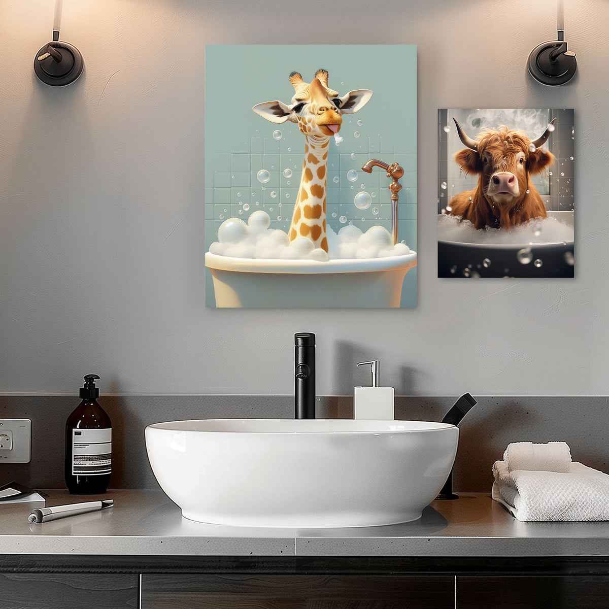Giraffe in the Bathtub Whimsical Surreal Animal Illustration Wall Art
