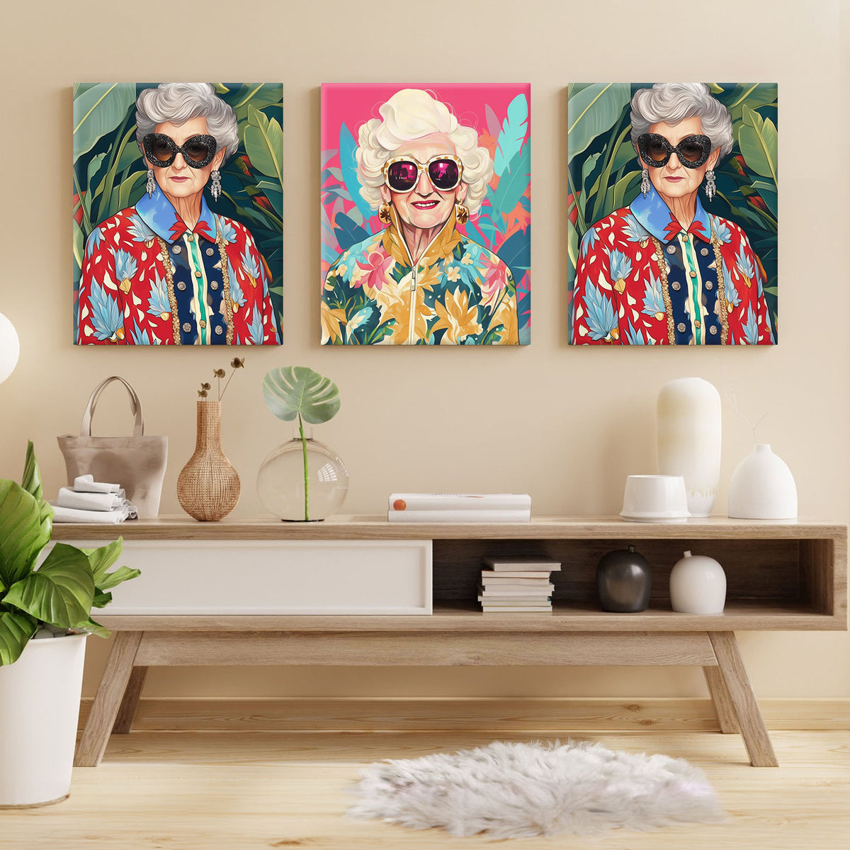 Retro Floral Grandma Portrait Painting Colorful Fashion Portrait Wall Art