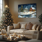 Christmas Ice Skating Canvas Wall Art, Snowy Farmhouse Scene with Christmas Tree and Barn Holiday Decor