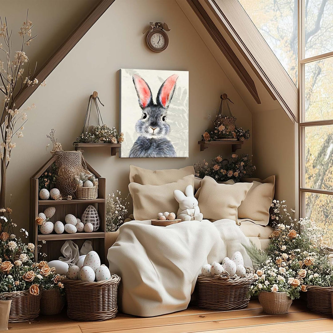 Rustic Easter Bunny Canvas Wall Art, Plants Background Farmhouse Decor Retro Print Painting Spring Aesthetic Artwork, Holiday Gift Bedroom Living Room Decoration