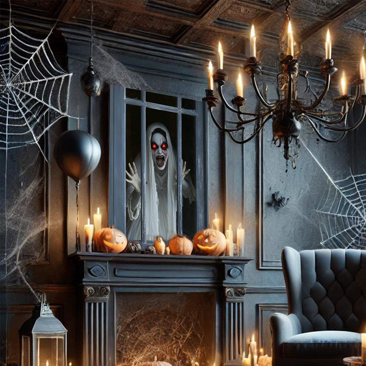 Haunted Ghost at the Window Canvas Wall Art – Scary Halloween Horror Home Decor