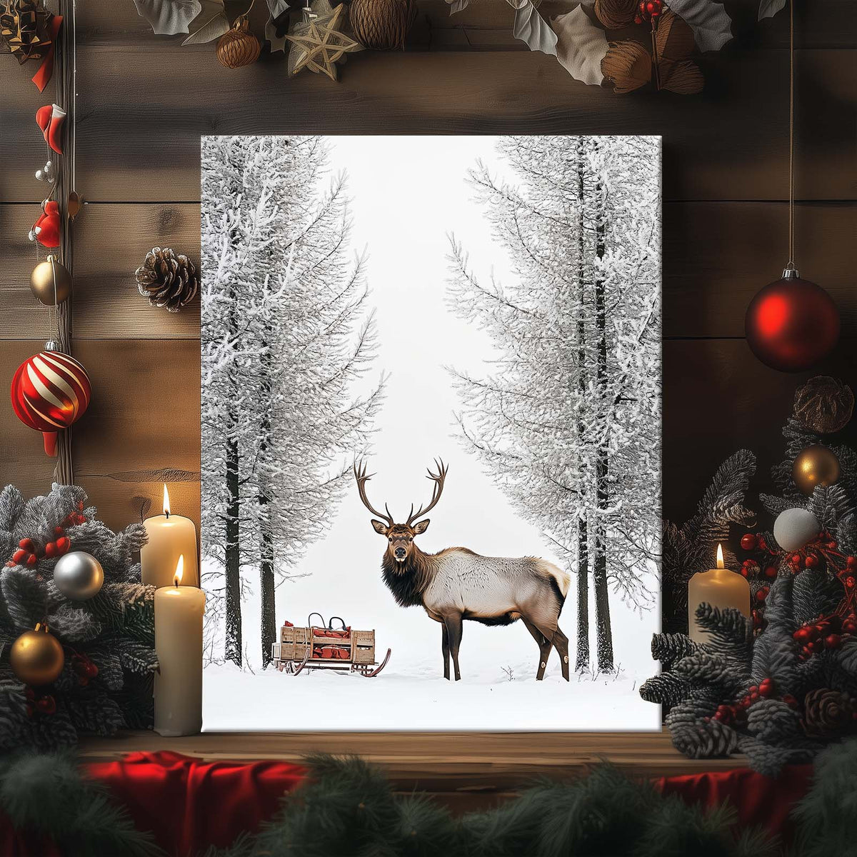 Christmas Elk and Sleigh Canvas Wall Art, Snowy Forest Wildlife Artwork with Gifts for Holiday Decor