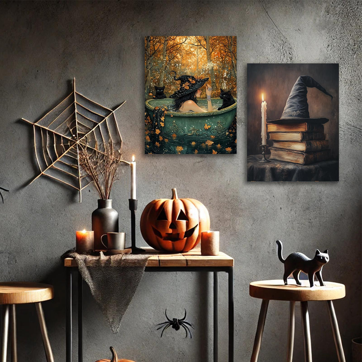 Witch in the Enchanted Forest Canvas Wall Art – Witch Hat, Black Cats and Autumn Magic Decor
