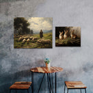 Classic Pastoral Landscape Painting Shepherd and Sheep Pasture Wall Art
