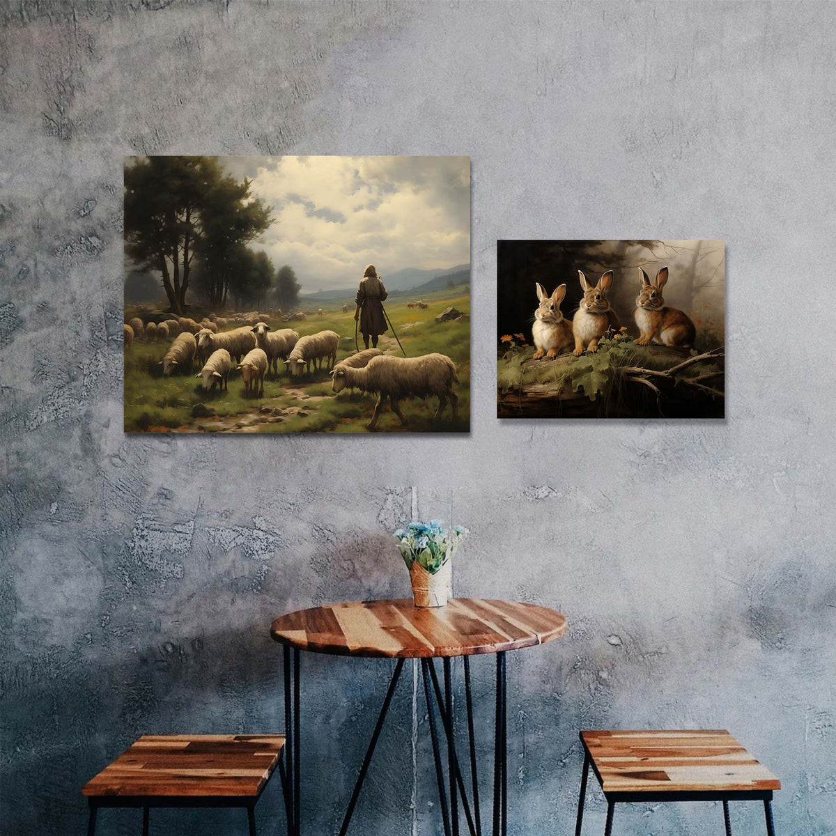 Classic Pastoral Landscape Painting Shepherd and Sheep Pasture Wall Art