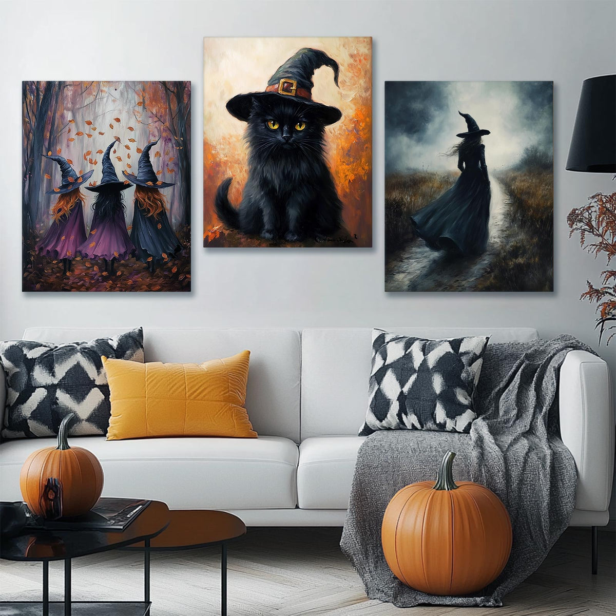 Three Witch Silhouettes Walking Through the Woods Painting Halloween Wall Art